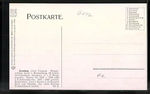 Künstler-AK Cronberg i. Taunus, Schlossansicht in Waldlandschaft