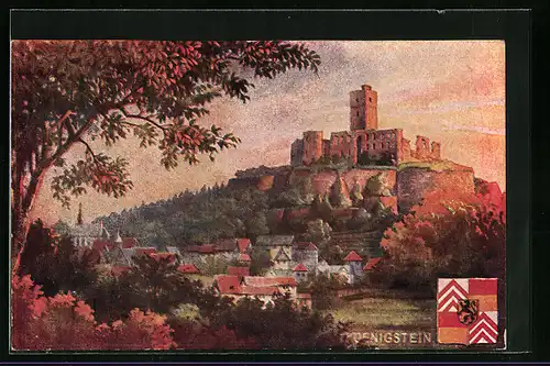 Künstler-AK Königstein i. T, Burgansicht in herbstlicher Waldlandschaft