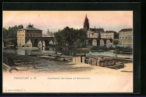 AK Frankfurt a. M., Totalansicht mit alter Brücke und Brückenmühle
