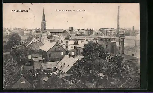 AK Neumünster, Panorama mit kath. Kirche