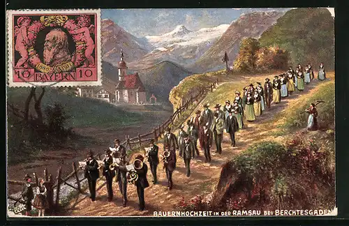 Künstler-AK Ramsau bei Berchtesgaden, Parade einer Bauernhochzeit mit Musikkapelle