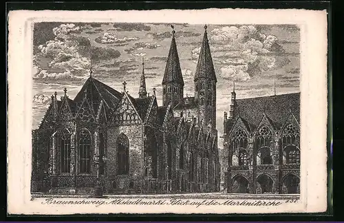 Künstler-AK Braunschweig, Altstadtmarkt mit Blick auf die Martinikirche