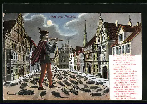 Künstler-AK Hameln, Der Rattenfänger von Hameln im Mondschein