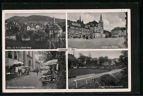 AK Löbau i. Sa., Löbauer Berg, Altmarkt mit Rathaus, Wochenmarkt mit Johanniskirche, Teichpromenade