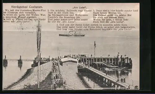 AK Cuxhaven, Hafenpartie mit Blick zur Nordsee, Gedicht Alte Liebe