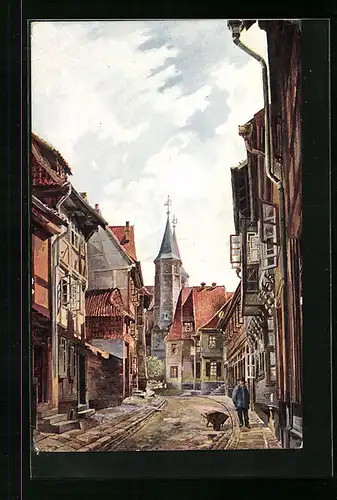 Künstler-AK Hildesheim, Blick in den Hinteren Brühl nach der Godehardikirche gesehen