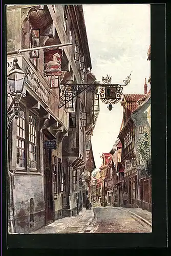 Künstler-AK Hildesheim, Blick in die Schuhstrasse mit Gasthaus