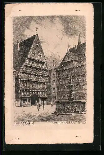 Künstler-AK Hildesheim, Knochenhaueramtshaus mit Brunnen