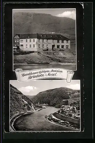 AK Briedern /Mosel, Blick auf das Gasthaus Görgen, Ortsansicht aus der Vogelschau