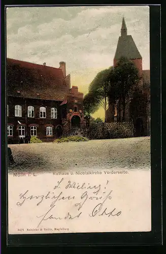 AK Mölln i. L., Das Rathaus und die Nicolaikirche bei Sonnenaufgang