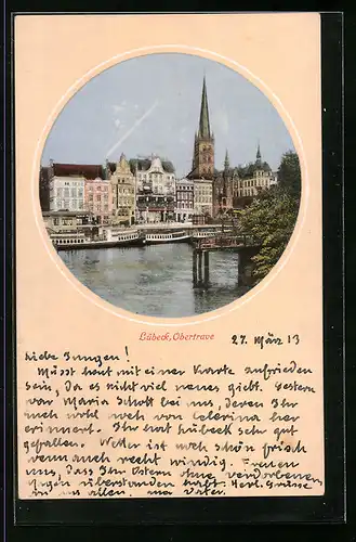 AK Lübeck, Partie an der Obertrave mit Booten und Kirche