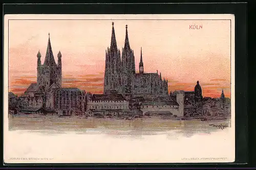 Künstler-AK Köln, Uferpartie mit dem Dom im Abendrot