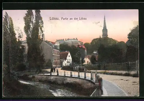 AK Löbau, Partie an der Löbau bei Abendrot