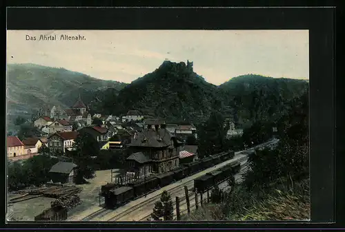 AK Altenahr, Ortspartie mit Güterwaggons