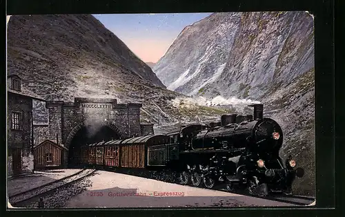 AK Goeschenen, Aus dem grossen Tunnel fahrender Expresszug der Gotthardbahn