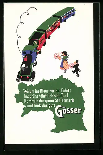 Künstler-AK Eisenbahnzug und Servierer mit Bierkrügen - Brauerei-Werbung Gösser