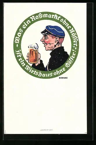 Künstler-AK Biertrinker mit blauer Schirmmütze - Brauerei-Werbung Gösser