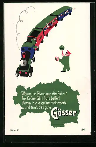 Künstler-AK Eisenbahnzug mit Schaffner - Brauerei-Werbung Gösser