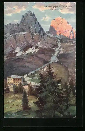 Künstler-AK Rudolf Alfred Höger: Tre Croci, Ortsansicht gegen Monte Cristallo