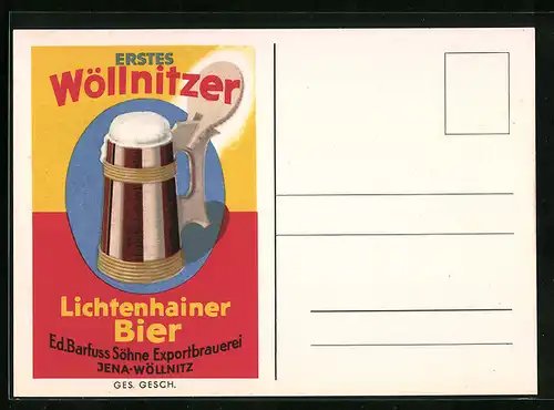 Künstler-AK Jena-Wöllnitz, Werbung für Lichtenhainer Bier der Ed. Barfuss Söhne Exportbrauerei