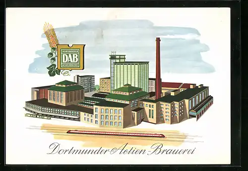 Künstler-AK Dortmund, Werbung der Dortmunder Actien-Brauerei, Fabriken aus der Vogelschau
