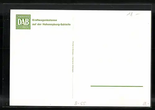 Künstler-AK Dortmund, Werbung der Dortmunder Actien-Brauerei, Kraftwagenkolonne auf der Hohensyburg-Schleife