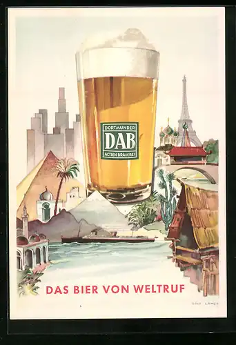 Künstler-AK Dortmund, Werbung der Dortmunder Actien-Brauerei, Sehenswürdigkeiten aus aller Welt