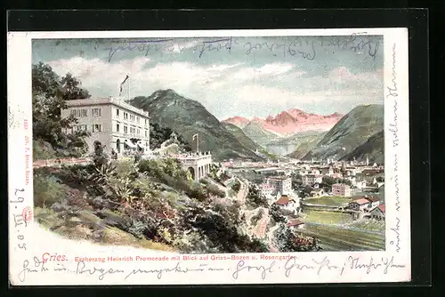Künstler-AK Gries, Erzherzog Heinrich Promenade mit Blick auf Gries-Bozen und Rosengarten