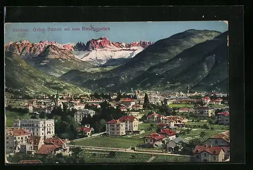 AK Gries-Bozen, Ortsansicht mit dem Rosengarten