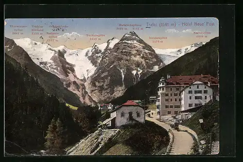 AK Trafoi, Hotel Neue Post mit Trafoier Eiswand, Tuckettspitze und Geisterspitze