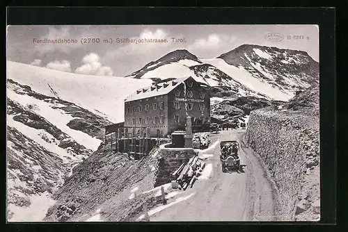AK Ferdinandsöhe /Stilfserjochstrasse, Panorama mit Hotel Ferdinandshöhe u. Auto