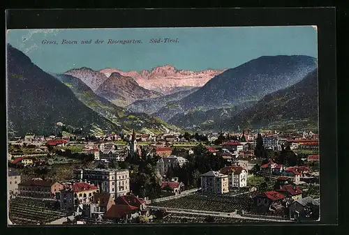 AK Gries, Ortsansicht mit Bozen und dem Rosengarten