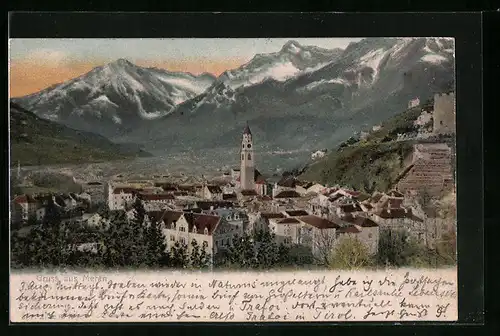 AK Meran, Gesamtansicht mit Bergpanorama