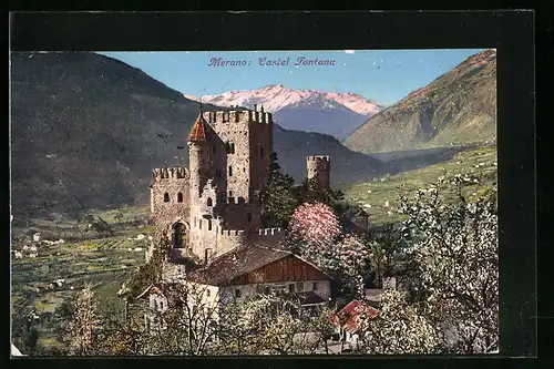 AK Merano, Castel Fontana mit Bergpanorama