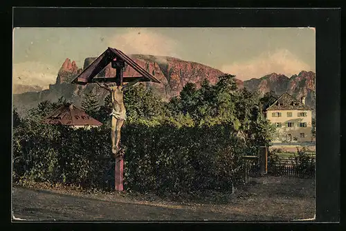 AK Klobenstein b. Ritterbahn, Studie mit dem Schlern, Wegeskreuz