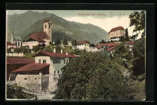 AK Schönna bei Meran, Blick auf die Dächer der Stadt