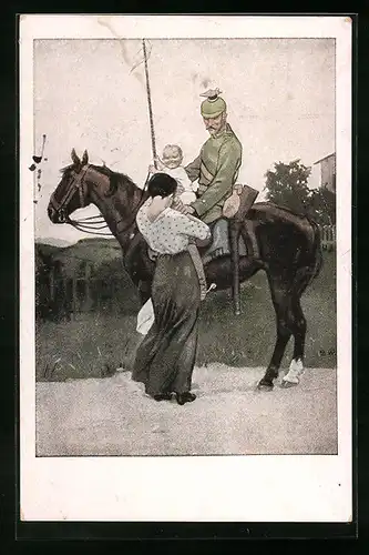 Künstler-AK Brynolf Wennerberg: Abschied, Soldat zu Pferde u. Frau mit Kind