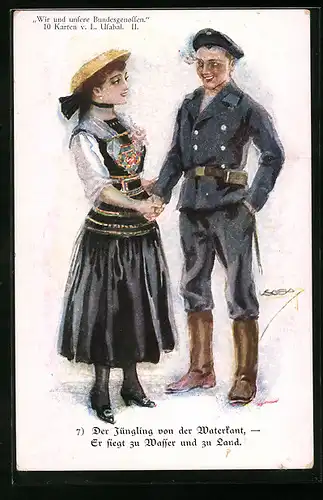 Künstler-AK Luis Usabal: Der Jüngling von der Waterkant..., Soldat in Uniform mit Frau
