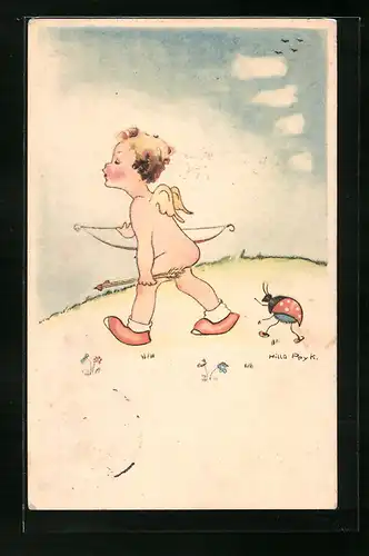 Künstler-AK Hilla Peyk: Amor läuft vor Marienkäfer her