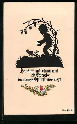Künstler-AK Georg Plischke: Schattenbild, Da läuft mit einem mal ohr Schreck..., Elf mit Küken
