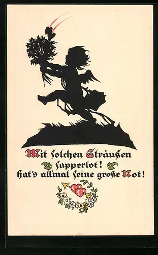 Künstler-AK Georg Plischke: Schattenbild, Amor mit einem Blumenstrauss