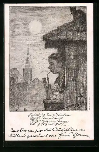 Künstler-AK Hans Thoma: Mann mit Tabakpfeife auf Turm bei Mondschein