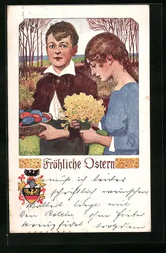 Künstler-AK Karl Alex Wilke: Mann mit Osterkorb und Frau, Ostergruss
