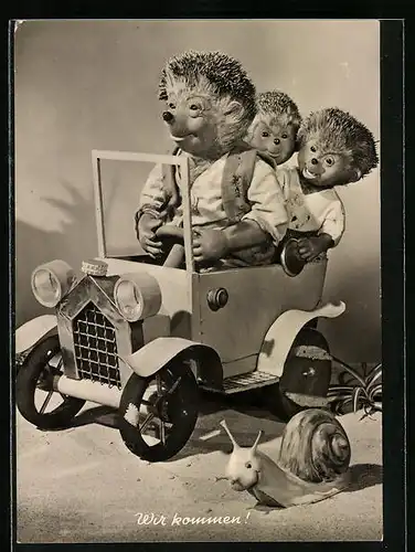 AK Mecki mit den Kindern im Automobil, Wir kommen