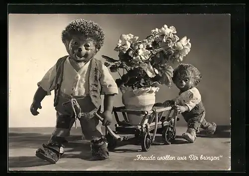 AK Mecki und Macki mit riesigem Blumenstrauss, Freude wollen wir Dir bringen