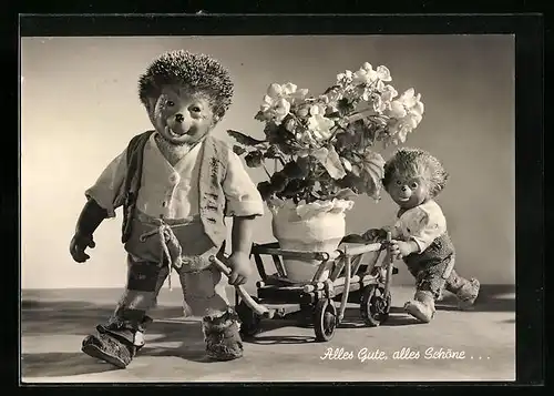 AK Mecki und Macki mit riesigem Blumenstrauss, Alles Gute, alles Schöne...