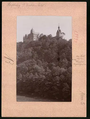 Fotografie Brück & Sohn Meissen, Ansicht Rochsburg, Blick auf das Schloss Rochsburg vom Tal aus gesehen