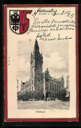 AK Essen a. d. Ruhr, Rathaus mit Stadtwappen