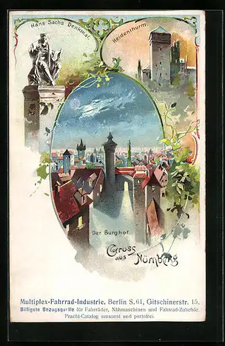 Lithographie Nürnberg, Der Burghof, Hans Sachs-Denkmal und Heidenturm