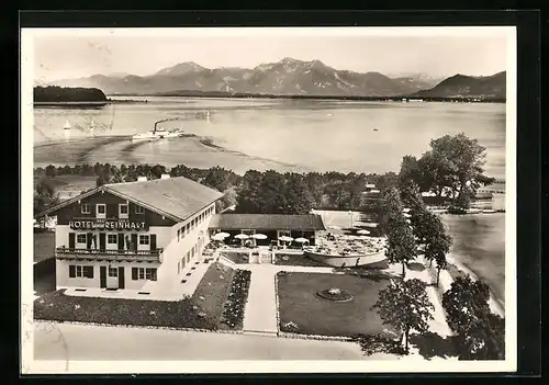 AK Prien /Chiemsee, Hotel Reinhart, Bes.: Toni Reinhart, Blick auf den Chiemsee